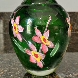 Murano Vintage Green Glass Vase with Pink Floral Design